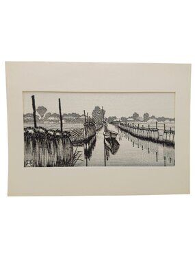 Japanese Woodblock Print Suigo in Autumn Canal scene Gihachiro Okuyama Stamp Vtg